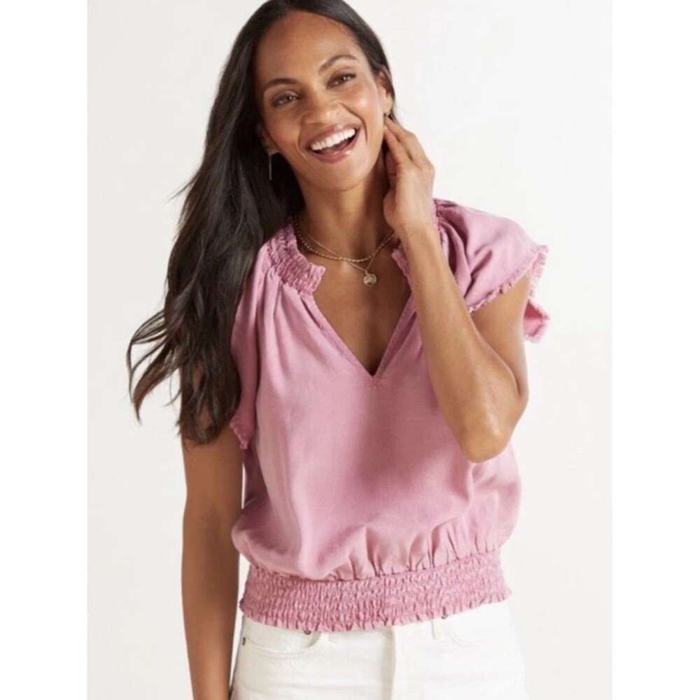 Anthropologie Cloth & Stone Pink V-neck Smocked Short Sleeve Top Size L